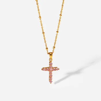 Religious Christian Jewelry Ins Popular 18K Gold Plated Stainless Steel Pink Zircon Cross Pendant Necklace for Women
