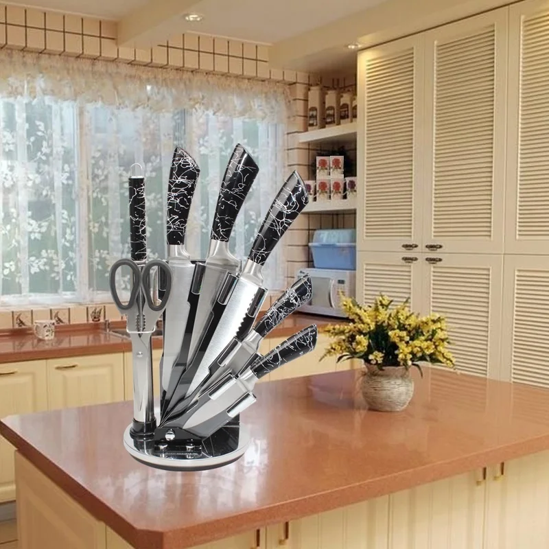 
Удивительные товары 2021 хорошее качество блестящие черные королевские 8 шт. ножи шеф-повара из нержавеющей стали набор кухонных ножей с акриловой подставкой 