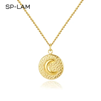SP-LAM Circle Round Moon Stainless Steel Necklace Charm Plated Dainty Metal Gold Coin Pendant