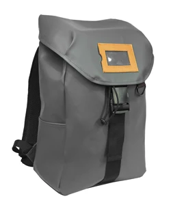 Gray Vinyl Backpack, Drawstring & Buckle Closure, Name Card Pocket & Laptop Compartment