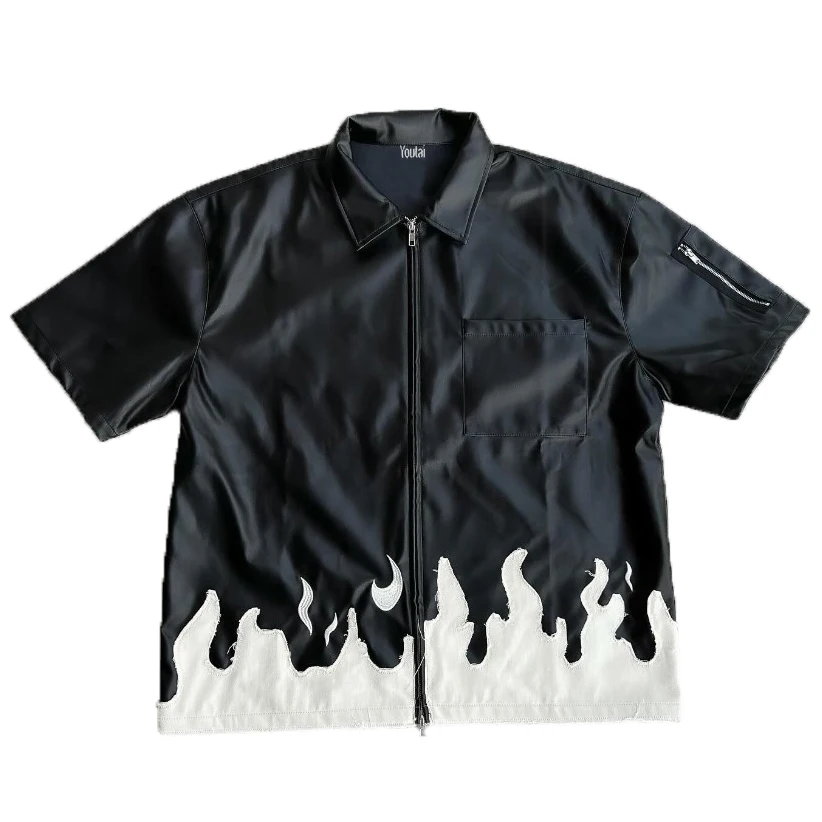 Custom Distressed Applique Embroidery Pu Shirt Zip up for Men