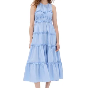 Custom High Quality  Summer Causal Dress Candy Color Sleeveless Ruffles Elegant Temperament Designer Premium Ladies Midi Dress