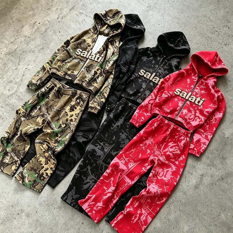 Custom Polyester/Cotton Zip Hoodie Jogger Set Heavyweight 360GSM Camo Print Outdoor Casual Quick Dry Embroidery Logo
