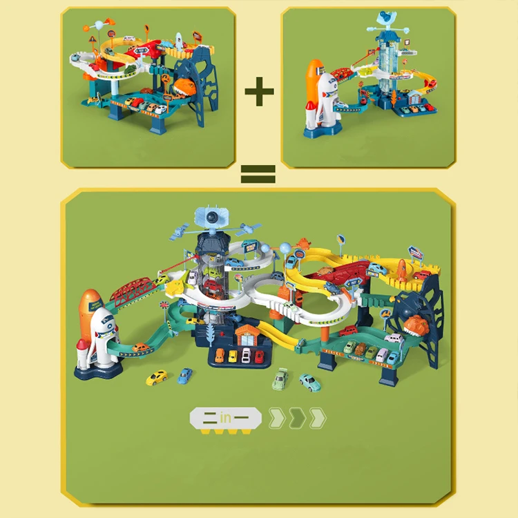 2 in 1 Electric Dinosaur Space Rail Car With Light Track Model Toys DIY Assembly Rail Car for Kids Toy
