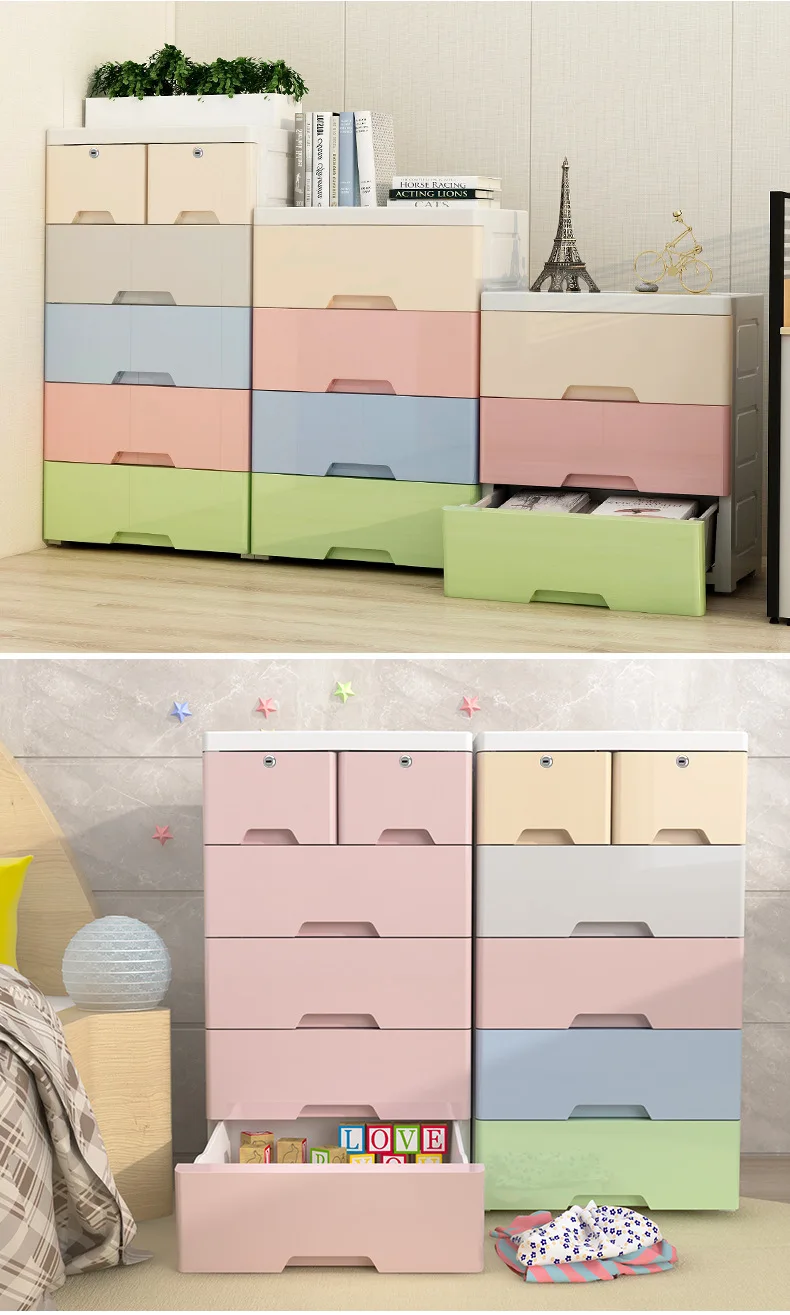 Colorful Plastic bedroom clothes filing storage stackable wheels cabinet with pull-out drawers