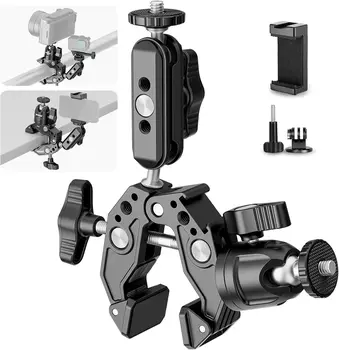 NEEWER Super Clamp with 3" Dual Ball Head Magic Arm Cold Shoe, 1/4" Threads, Phone/Action Camera Mount Adapter for Desk Tripod