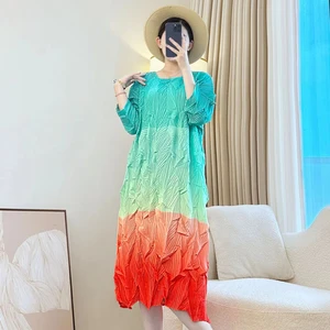 Miyake New Autumn Pleated Dress with Gradient Color Design Retro Loose and Plus Size Women's Dress