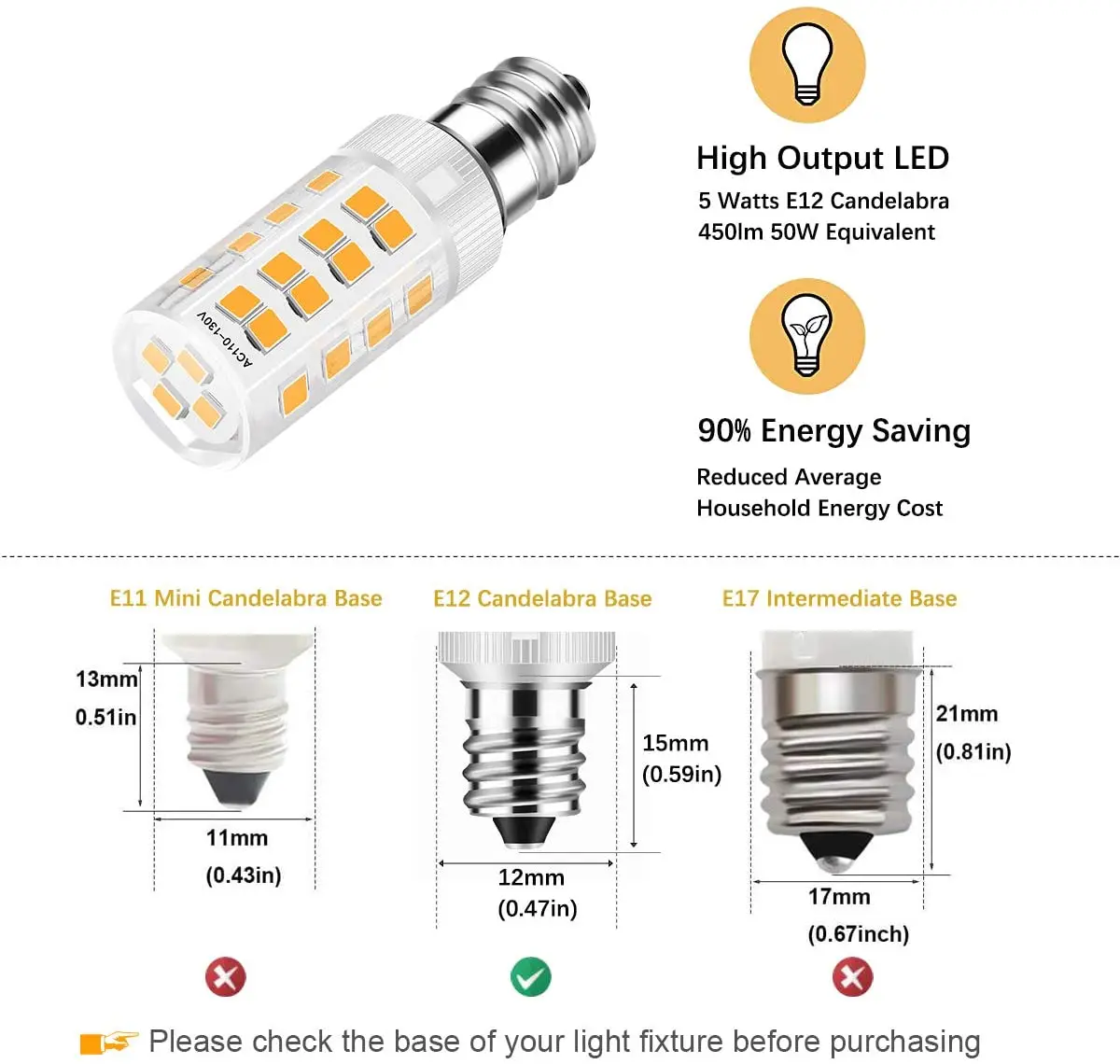 
Горячая Распродажа, эквивалентная осветительная лампа Candelabra 50 Вт, дневной свет, белые светодиодные лампы E12, светодиодная лампа E12, свечеобразная лампа 