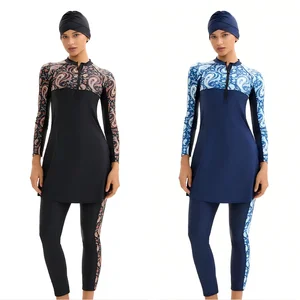 2026 Trend Women's Burkini Swimsuit Set Paisley Print Long - Sleeve Modest Swimwear Full Cover Swimsuit Hijab Custom Beachwear