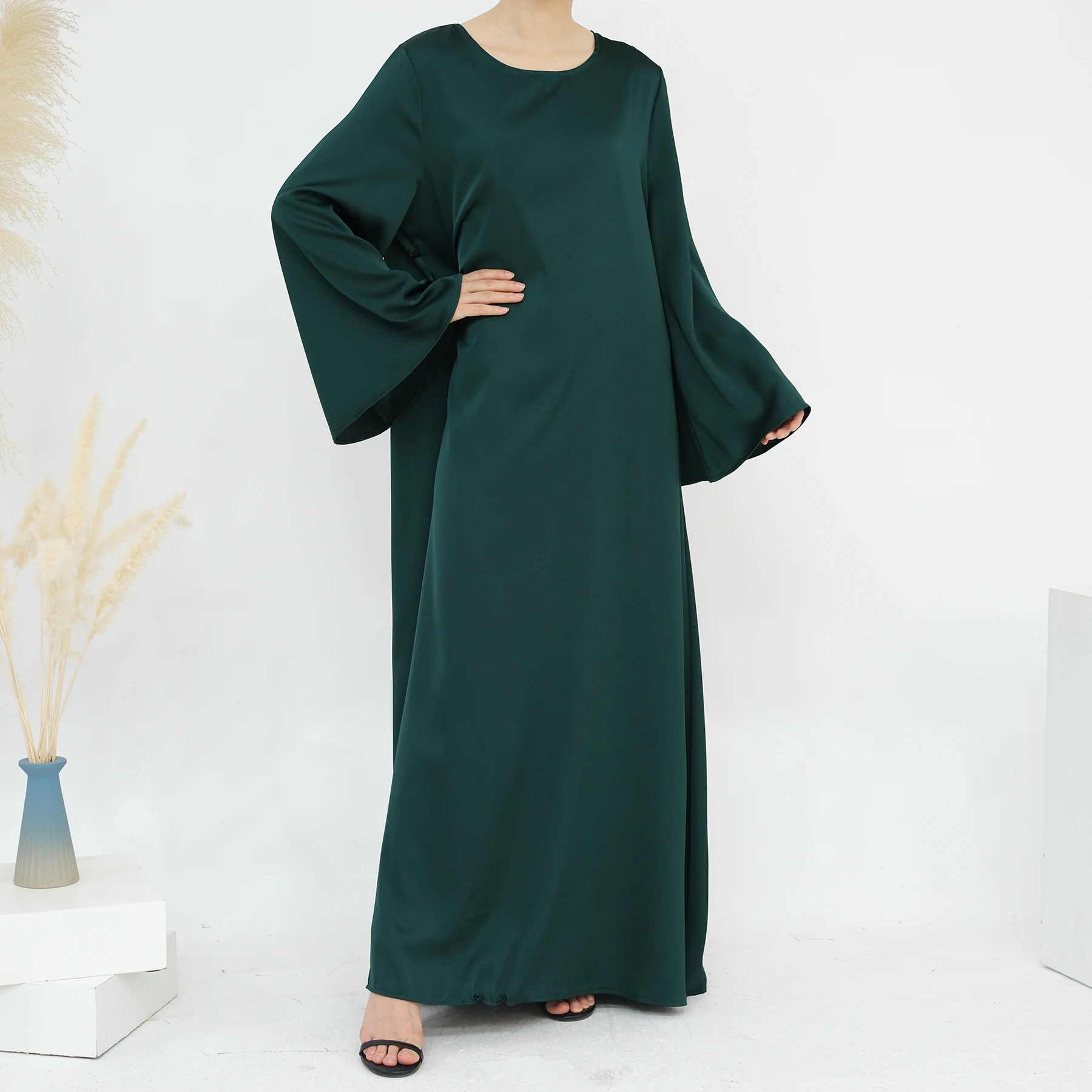 Elegant Summer Muslim Long Dress - Adjustable Back Tie Satin Abaya