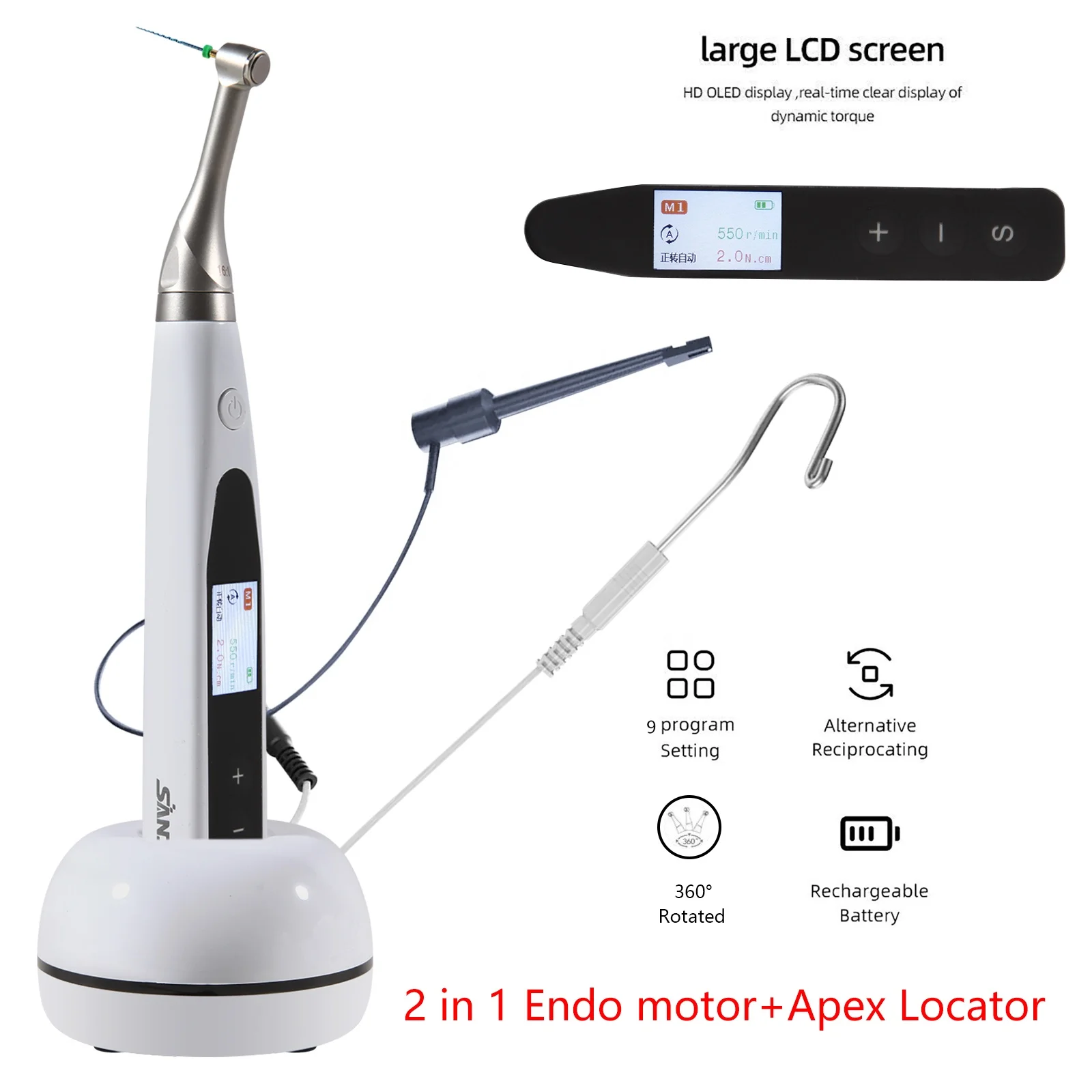 Dental 2In1 Wireless Endo Motor with Built-in Apex Locator 16:1 Reciprocating Contra Angle Root Canal Treatment Woodpecker Style