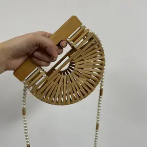 Bamboo Woven Pearl Trendy Straw Fashion Women's Bag Fashion Ladies Sling Crossbody Bags Small Girls Straw Bags Tote Summer Beach