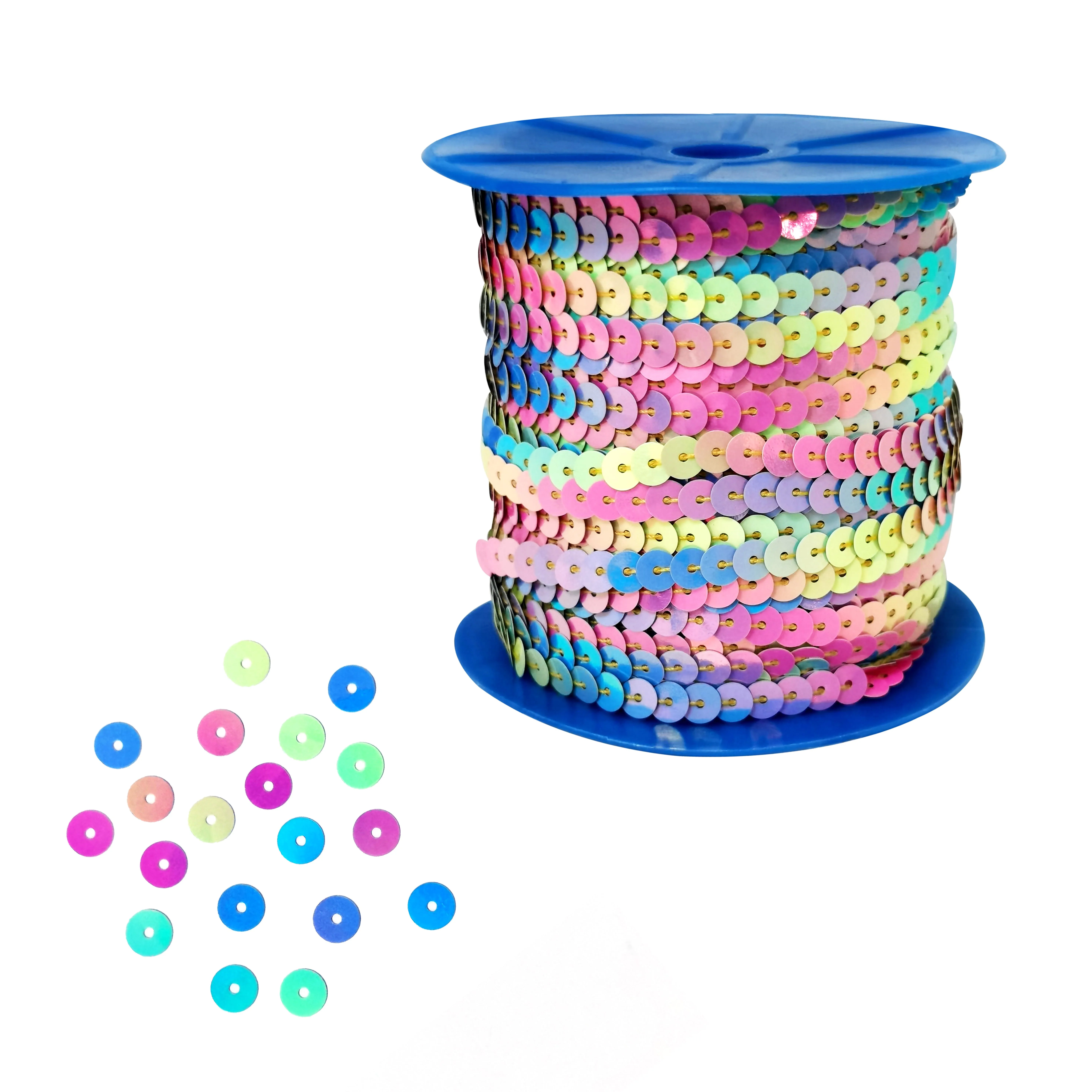 6mm Flat Iridescent Sequins Round String Line Shiny PET Spangle Sequins Tape for Stage Garment