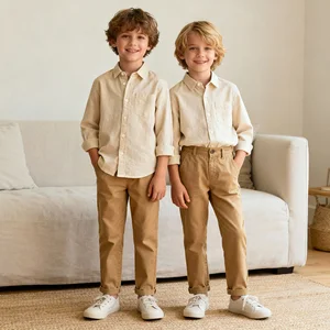 Customized Slim-Fit Casual Shirts for Kids Spring Summer Pure Linen Stretch Solid Colors Button-Up Collar Long Sleeve for Boys