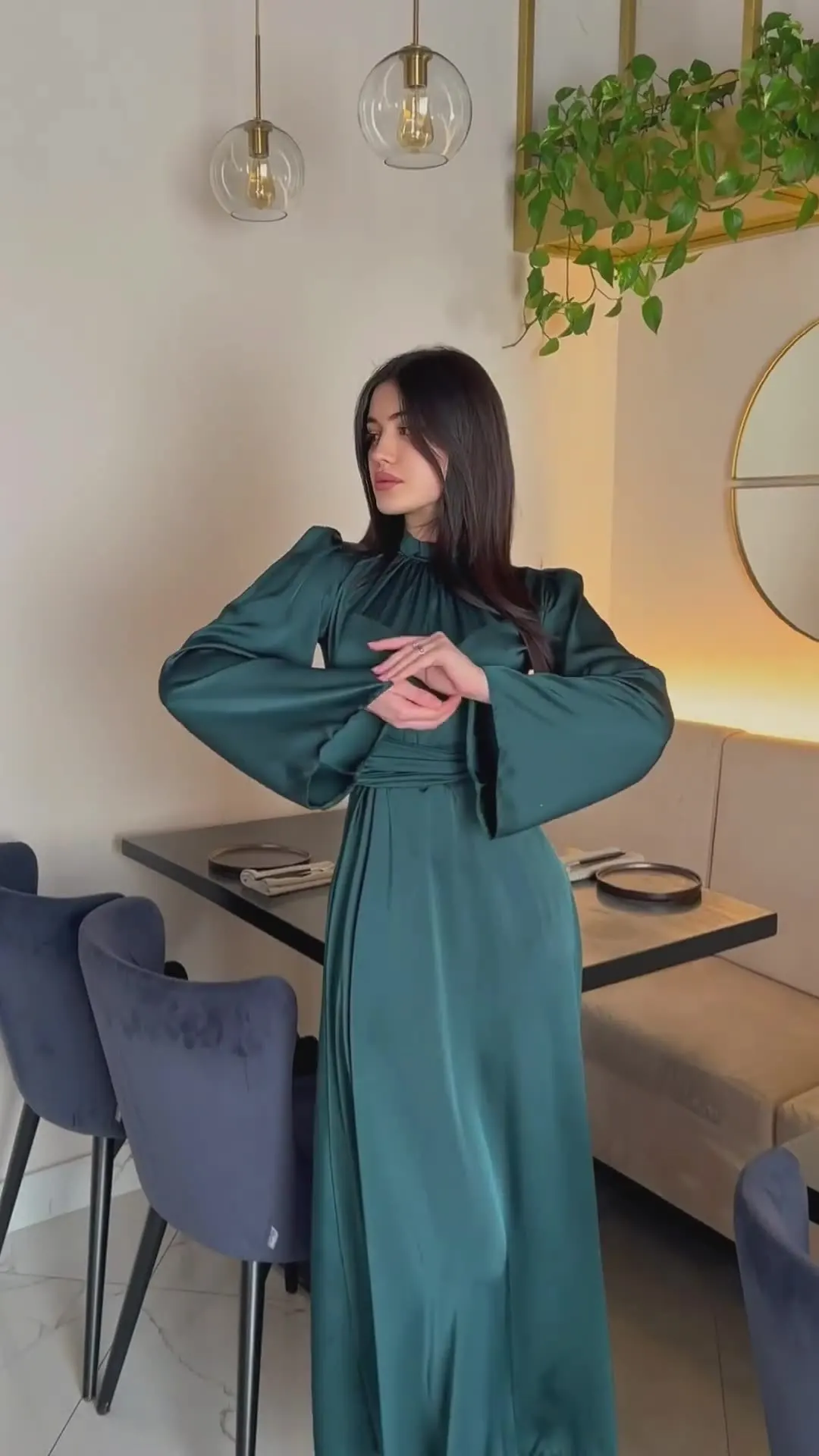 Elegant Long Flare Sleeve Satin Dress Spring Muslim Turkey Abaya Hijab  Dress Women Casual Ramadan Dress