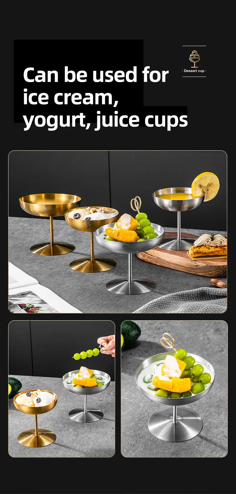 Fast Shipment Golden High Frost-proof Bottom Round Food Safety Metal Yogurt Juice Cocktail Wine Stainless Steel Ice Cream Cup