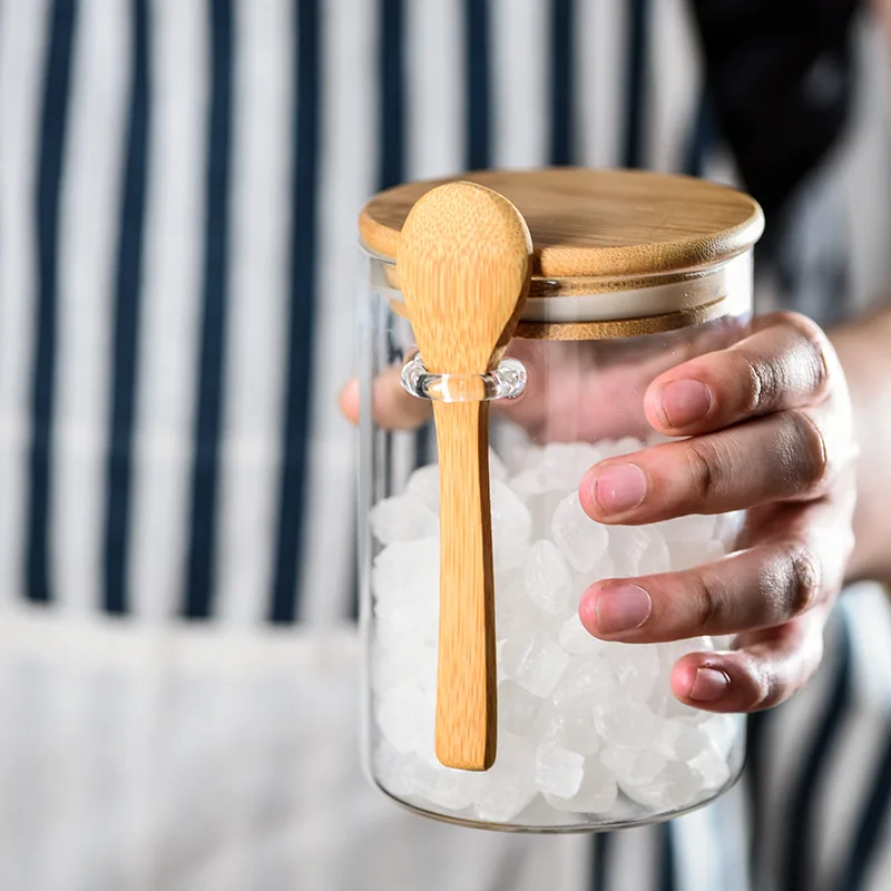 Recycled Glass Storage Jar with Wooden Lid and Spoon