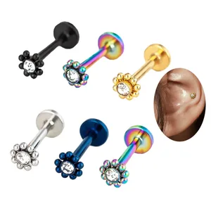 Clear Gems Labret Piercing Lip Stud Ring Stainless Steel Tragus Cartilage Earring Helix Piercing Fashion Body Jewelry