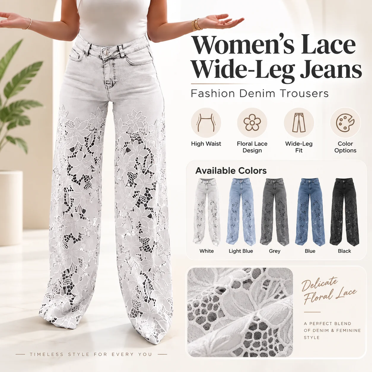 Women's Clothing High-waisted Wide-leg Pants Stylish Versatile Hollow Lace Splicing Denim Jeans