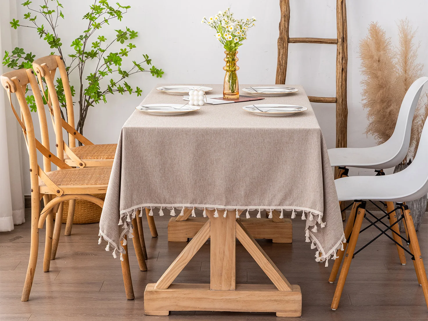 Coffee Embossed Tablecloths With Beige Tassels Restaurant Durable