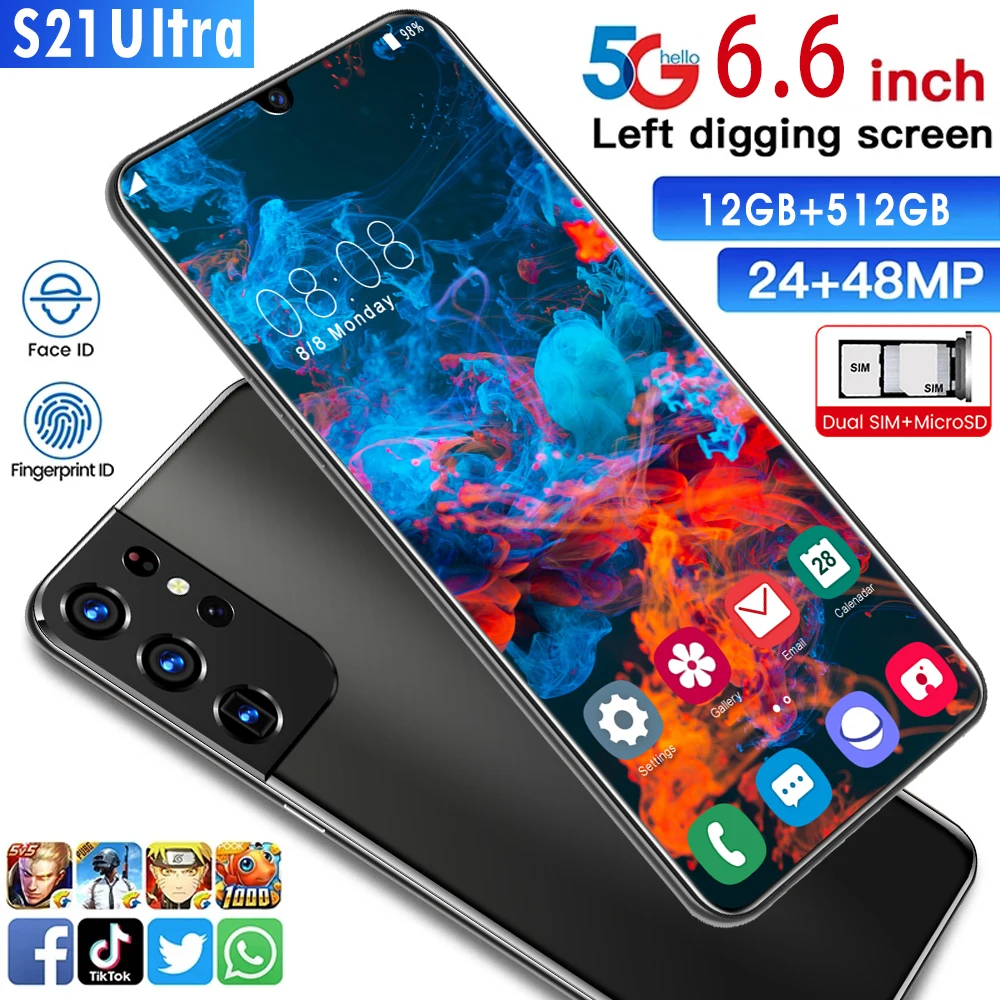 Смартфон 6,7 дюймов S21 U 5g 12 Гб + 512 ГБ 5800 мач покупок онлайн сотовый телефон Hd 1440x3200 24mp + 48mp Android мобильных телефонов