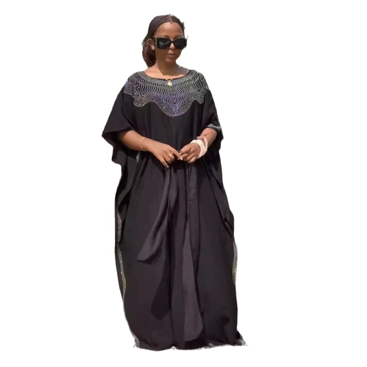 African Newest Fashion Elegant High Quality Boubou Black Dress Set With  Scarf Sequin Diamond Solid Color Dresses for Women K0726