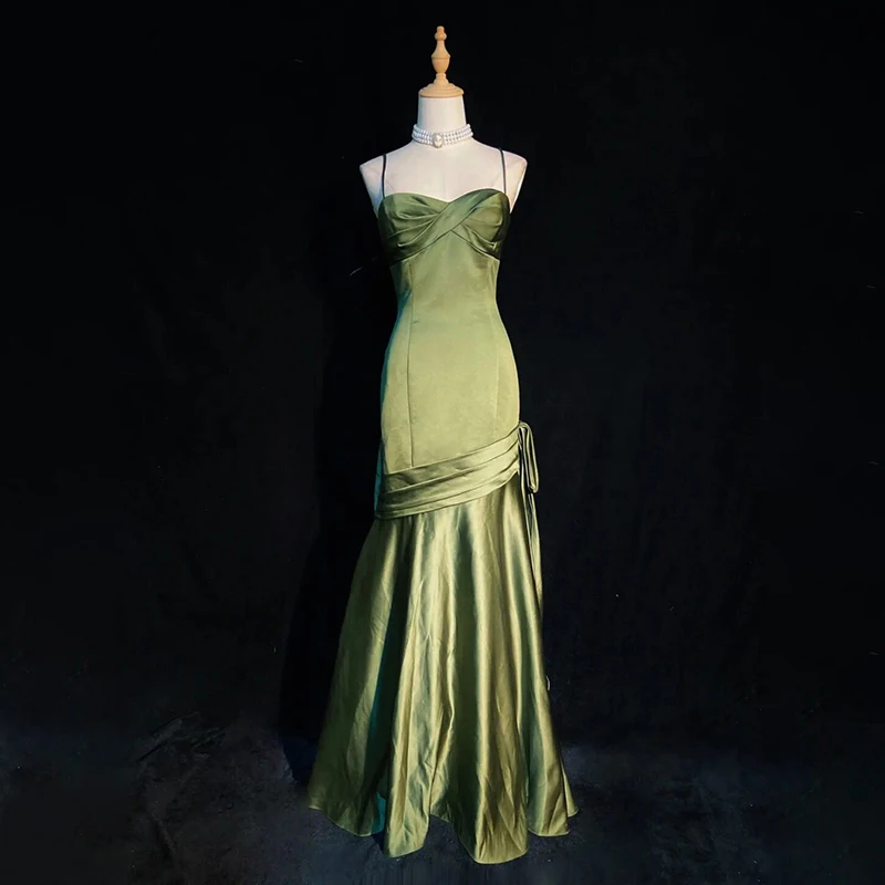 Custom Atonement Classic Dark Green Sexy Suspender Backless Dress Silk  Party Women Lady Elegant Sexy Evening Dress