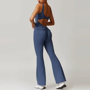 OEM Contrast Color Double Shoulder Strap Sleeveless Fitness Tight Fitting Butt 1 Piece Yoga Bodysuit Gym Yoga Jumpsuit for Women