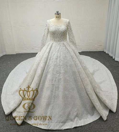 QUEENS GOWN Custom Delicate Heavy Beaded Bridal Dress Delicate Long Sleeve  Wedding Dresses With Pearls Diamante