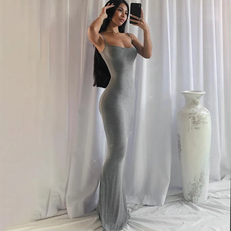 2022  Kardashian Same Style Slim Bodycon Dresses Knitted Blank Solid Buttock Sling Lounge Long Elegant Women Casual Dress