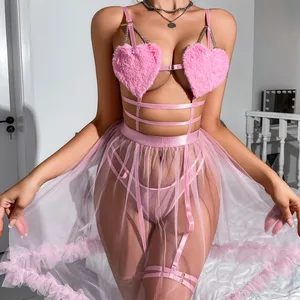 Cross-Border 2026 New Arrival Sheer Mesh Strapless Nightdress Hollow Breathable Patchwork Design Heart-Shaped Sexy Lingerie Set