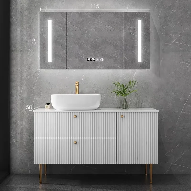 Custom Modern Luxury Curved Floor-standing Bathroom Cabinet Bathroom Fluted Textured Vanity With Sink Smart Led Mirror