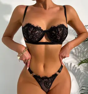 Wholesale Sexy Two Piece Black Lace Bikini Set for Women Includes Bra and Thongs Erotic ODM Lingerie