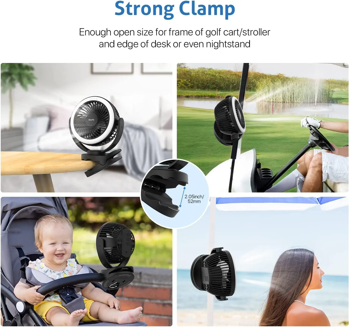Ventilatore Portatile da Campeggio da 5 Pollici con Batteria Ricaricabile da 10000 mAh e Lanterna LED per Ufficio, Pesca, Viaggi e Tapis Roulant
