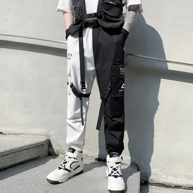 HOUZHOU Black Cargo Pants for Men Hip Hop White Cargo Trousers