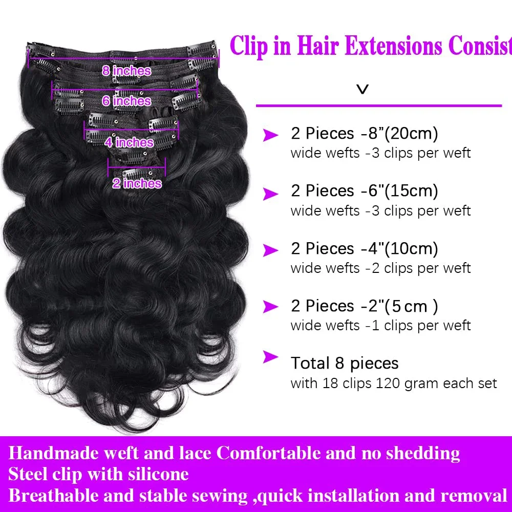Extensions de cheveux humains à clips Body Wave en cheveux humains brésiliens véritables couleur naturelle #1B 120 g/ensemble_voghion.com