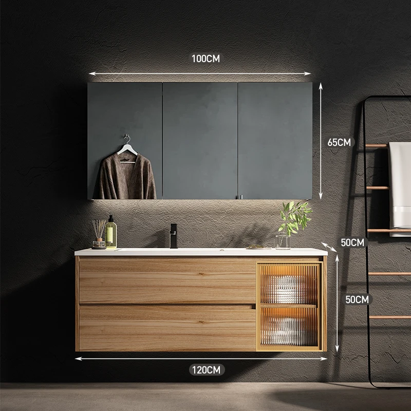 OEM Nordic Modern Log Color Round Mirror Bathroom Vanity Combination Washstand Solid Wood Bathroom Cabinet With Sink