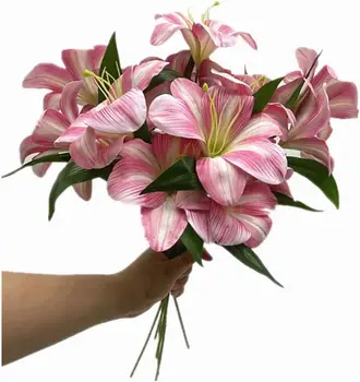 Artificial Hemerocallis Fulva Flower with Leaves Lily 3 Heads Flowers for Floral Arrangement Wedding Party Table