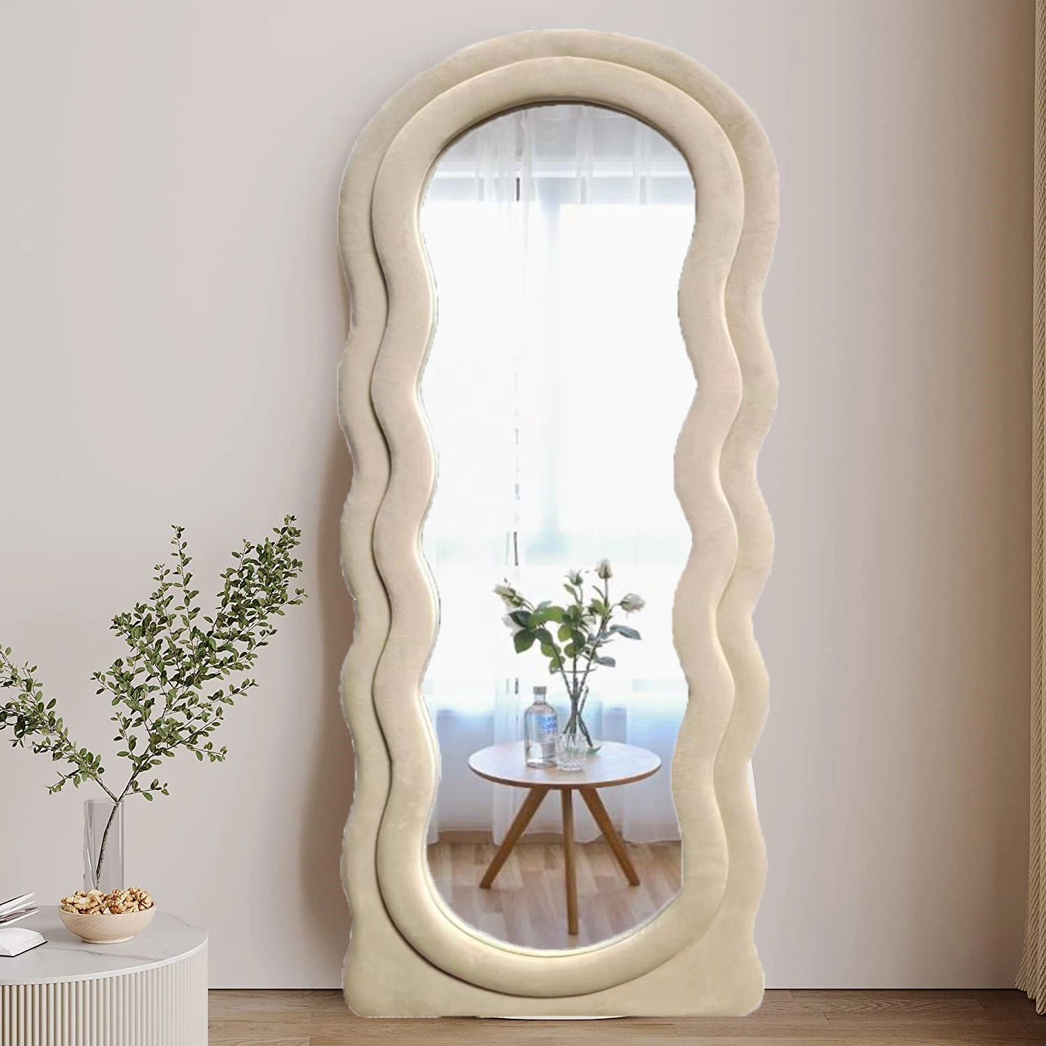 Custom Asymmetrical Arch Irregular Full Length Wavy Wall Mounted Aesthetic Home Decor Plush Wave Standing Mirror Miroir Spiegel