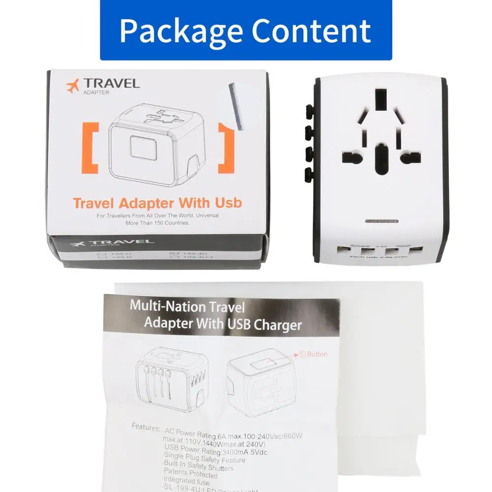 Universal International Plug Adapter All in One Multi Function 4 Port Usb Charger Cell Phone Charger Usb Travel Charger
