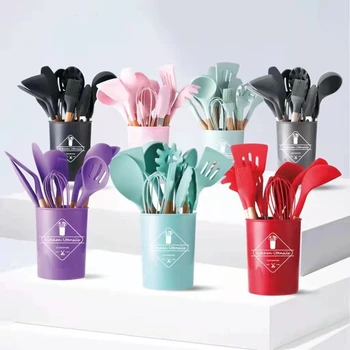 10pcs Heat Resistant BPA Free colorful silicone kitchen utensil set wooden handles kitchen tools Spatula Set silicone cooking