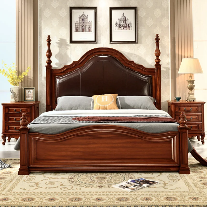 American-style Solid Wood King/queen-size Leather Double Bed with Roman Columns and Upholstered Headboard, Bedroom Furniture.