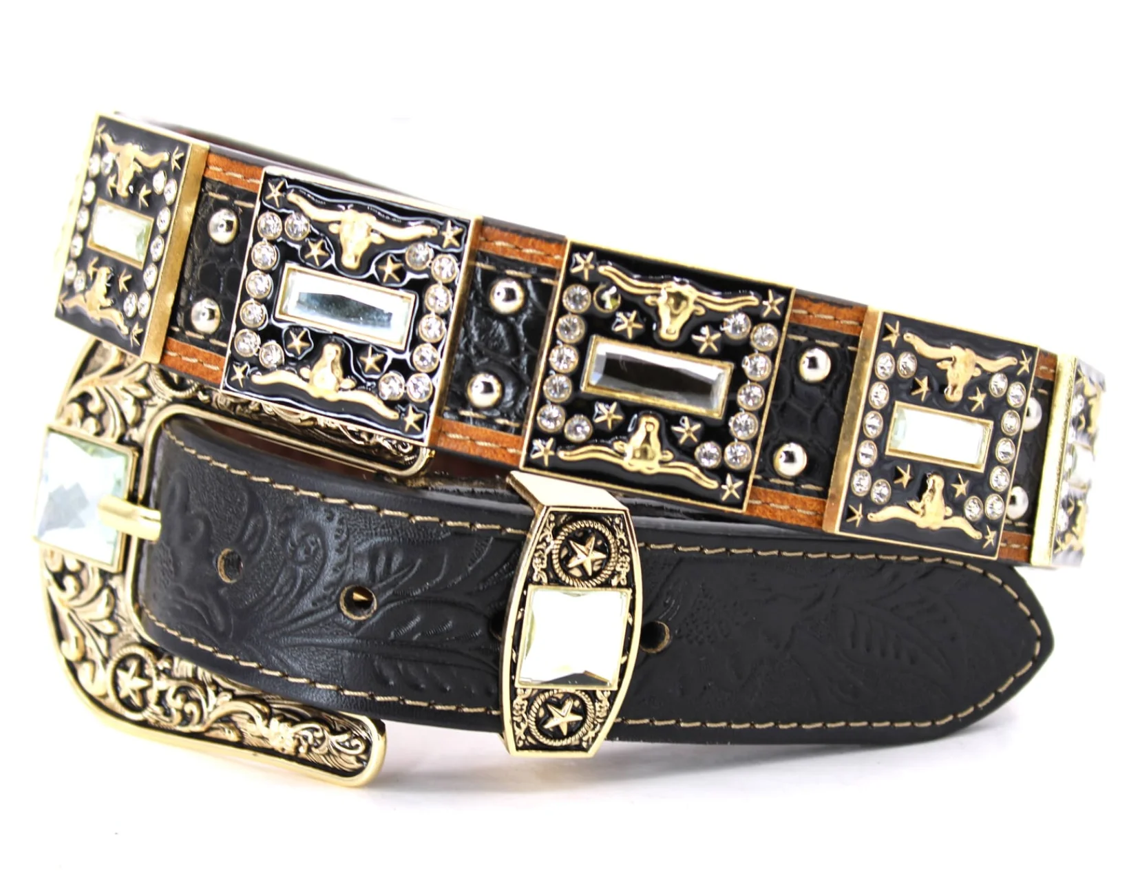 Men's Rhinestone Western Belt - Crystal Studded Cowboy Belt, Unisex Sizes S/M/L/XL