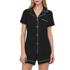 Summer Women Cool Sleepwear Set Short Sleeve PJ Shorts Set Comfy Loungewear Bamboo Pajamas
