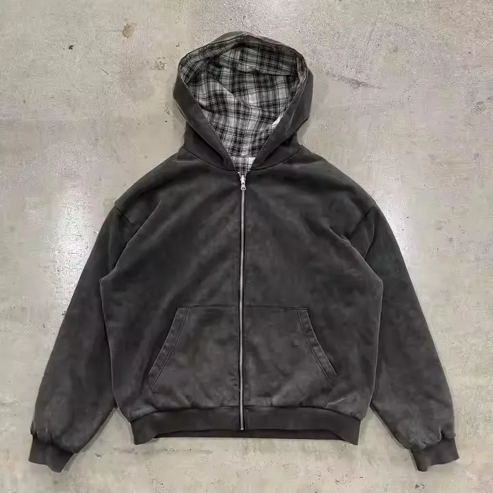 Custom Reversible Zip up Design Double Side Flannel Inside French Terry 100% Cotton Outside Vintage Stone Washed Hoodies for Men