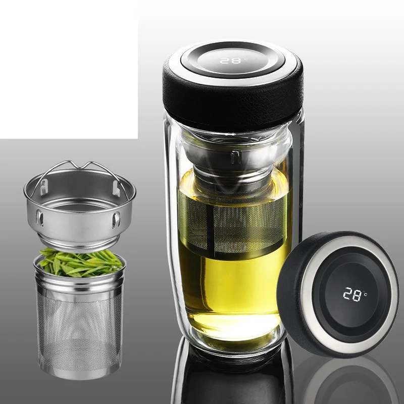 300ML 10 FL Oz Display Smart  Double Insulation Thermo Tea Infuser Borosilicate Glass Bottle with Infuser