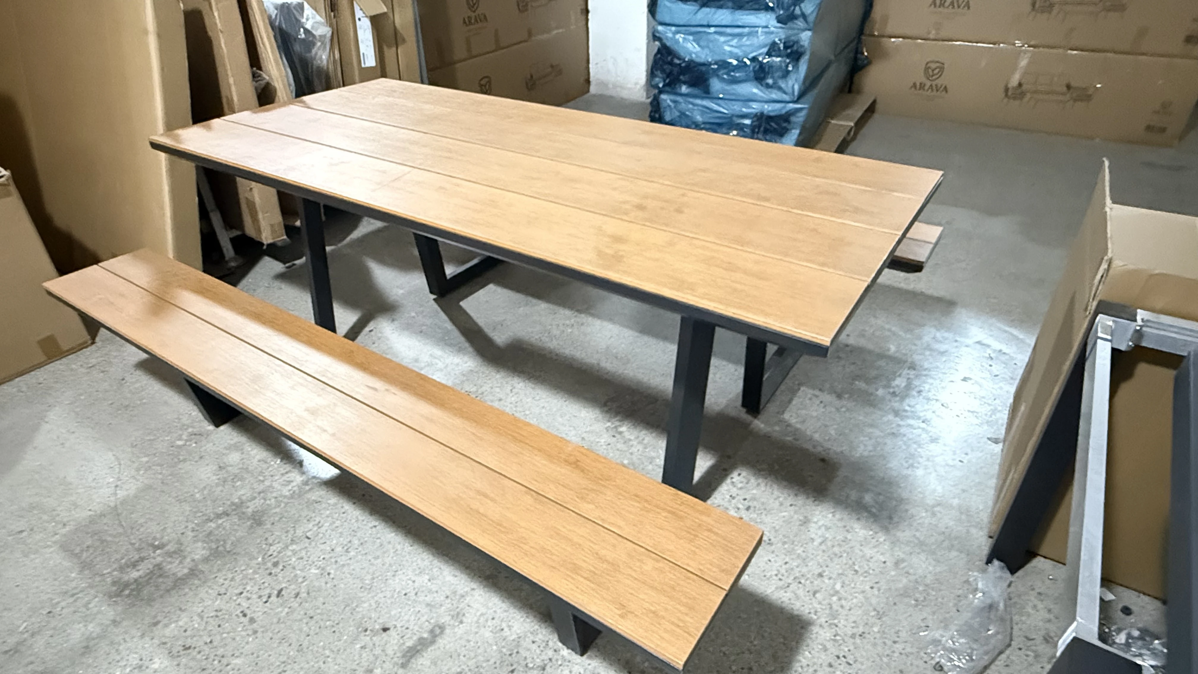 product extra long 2 piece patio dining set faux wood top dining table with matching bench black metal frame for outdoor patio-3