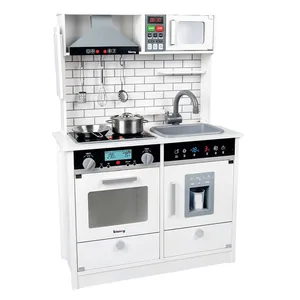 Interactive Wooden Play Kitchen Toy Set with Realistic Sound Light Effects and Refrigerator for Kids Pretend Play