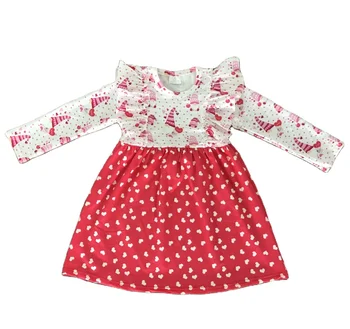 Valentine's Day new children's long-sleeve dress red splicing love pattern dress boutique wholesale children's wear