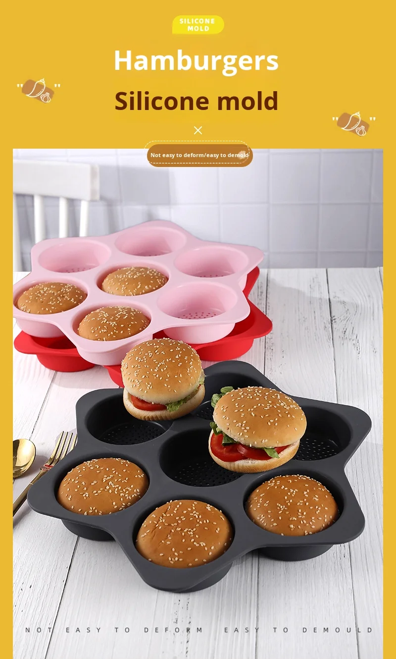 7-Hole Silicone Bread Mold with Breathable Hollow Burger Mold Silicone Burger Baking Sheet for Cake Tools details